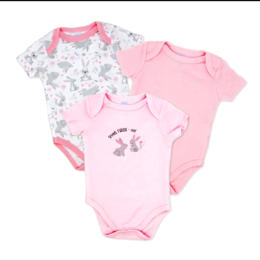 Pink Bunny Print  3-Baby Onesies